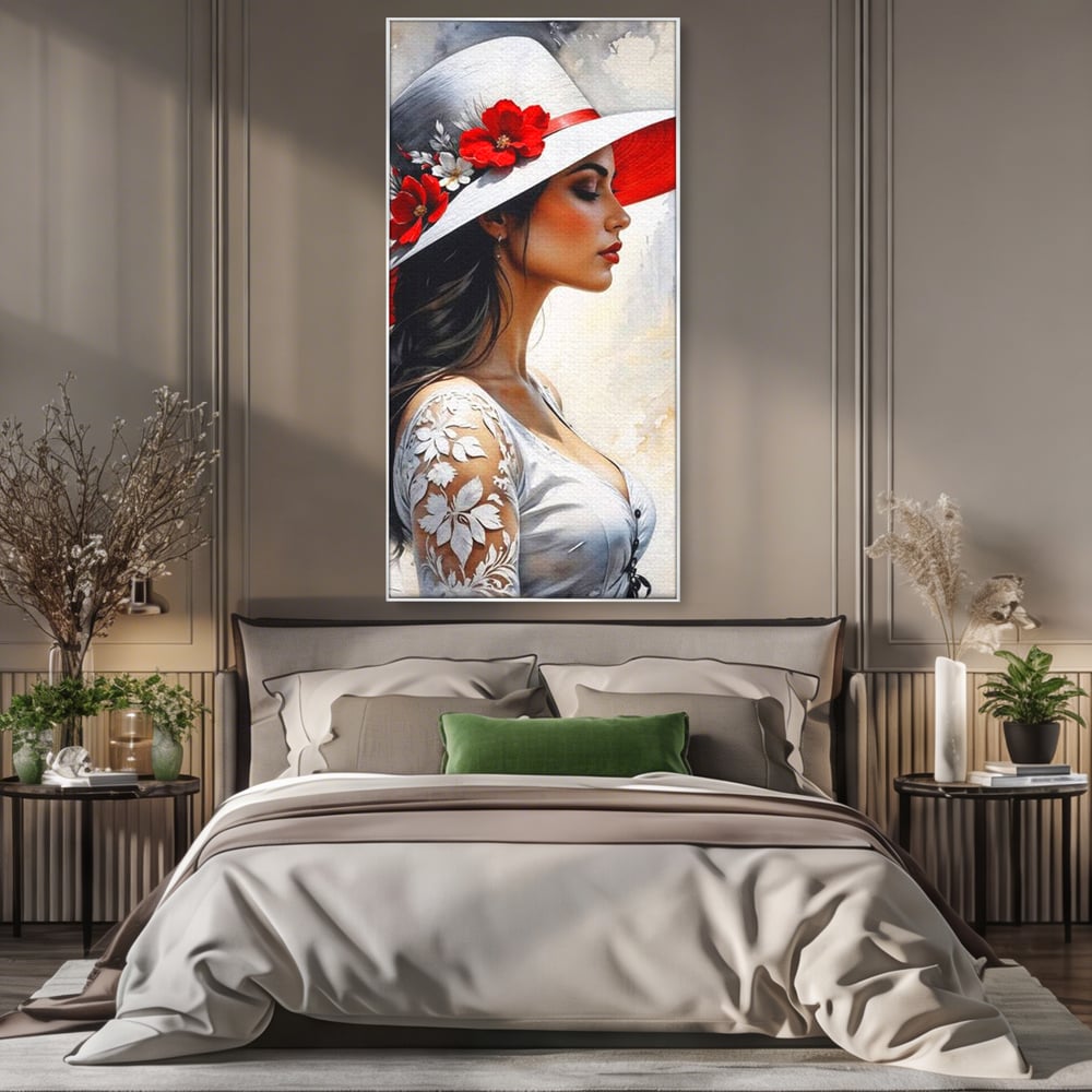 Tablou canvas cu tablou canvas cu profil de doamna, in rama de aluminiu argintiu, pe perete intr-un dormitor